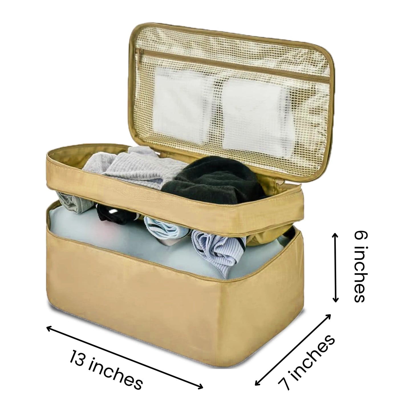 Beige travel storage solution for underwear, socks, and small essentials.