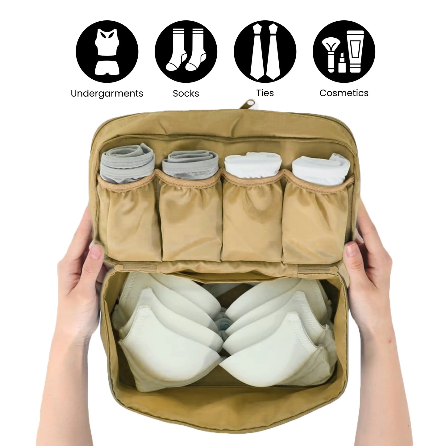 Compact beige lingerie organizer perfect for suitcase or carry-on use.