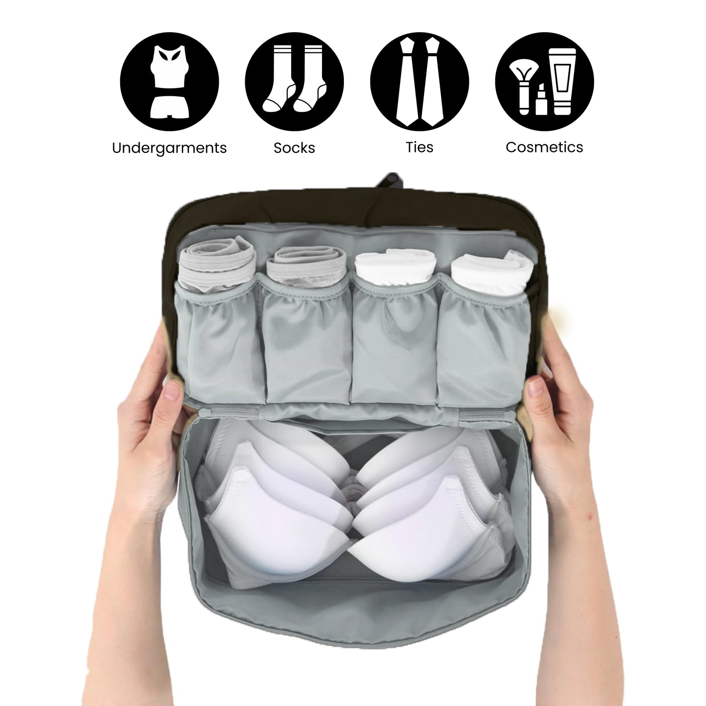 Compact lingerie and innerwear organizer bag in black for travel use.