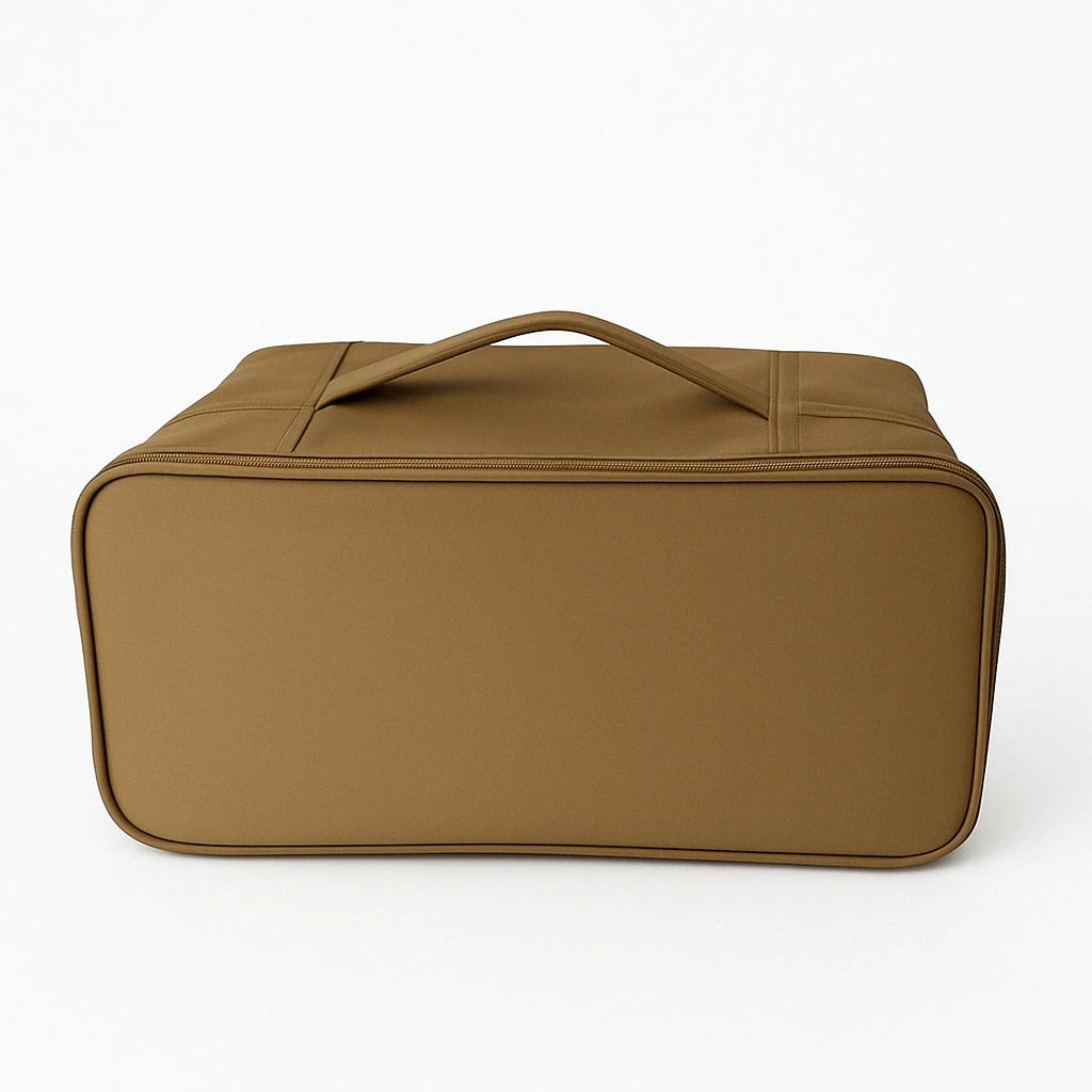Travel organizer bag in beige with multiple compartments for underwear and socks.