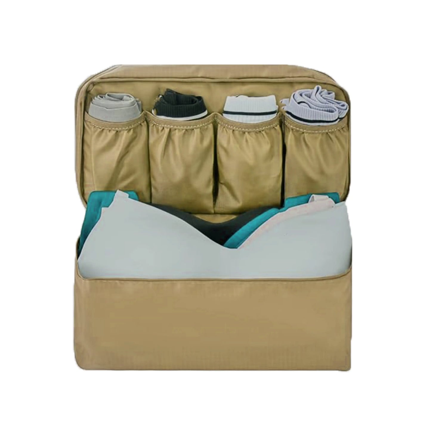 Foldable and stylish undergarments storage bag in beige color.