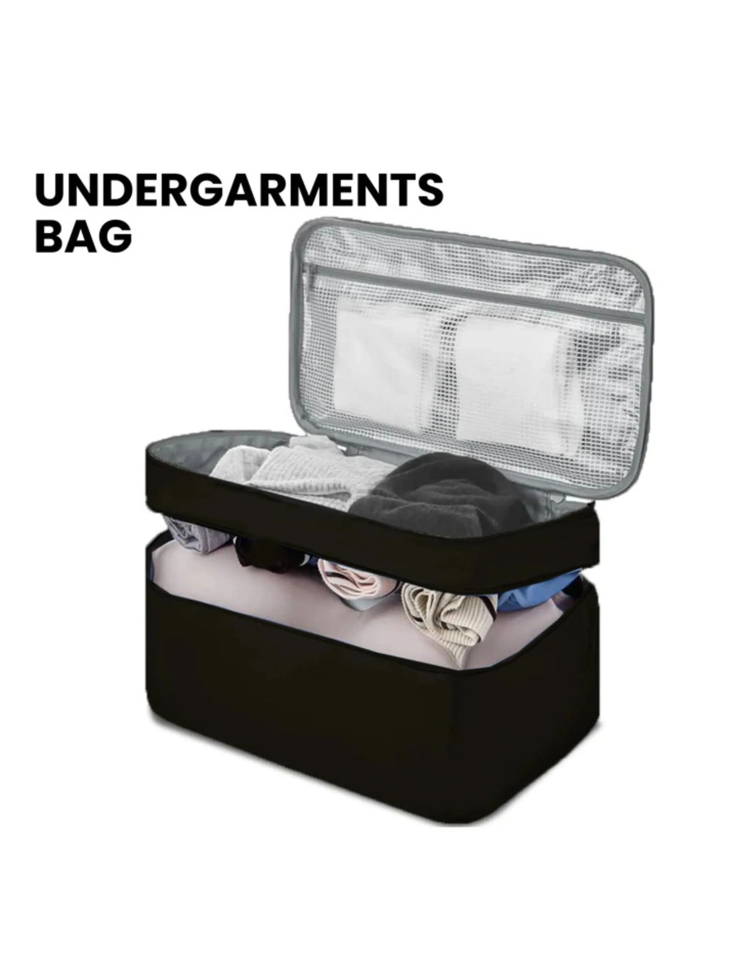 Black undergarments organizer bag for travel by Dofre — compact and zippered.