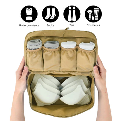 Compact beige lingerie organizer perfect for suitcase or carry-on use.