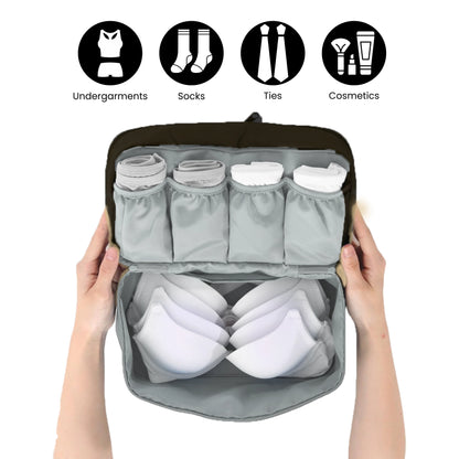 Compact lingerie and innerwear organizer bag in black for travel use.