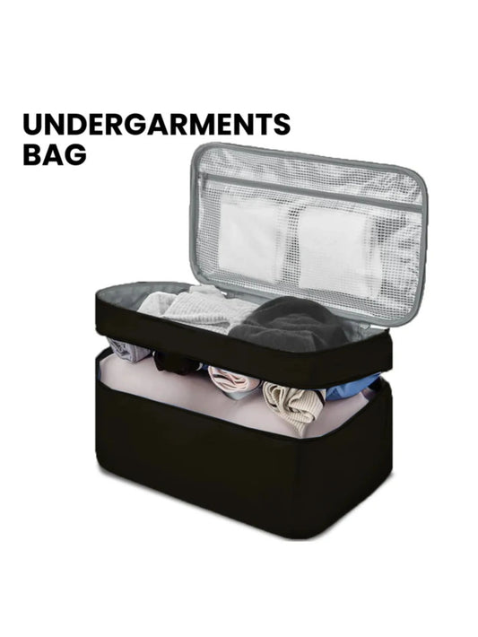 Black undergarments organizer bag for travel by Dofre — compact and zippered.